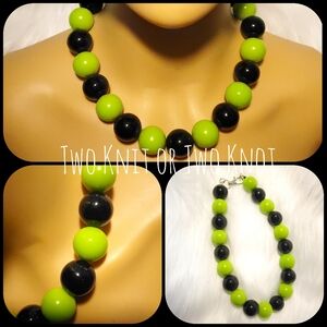 Hand Crafted Large Chunky Beads Lime Green and Black Beaded Necklace - Halloween